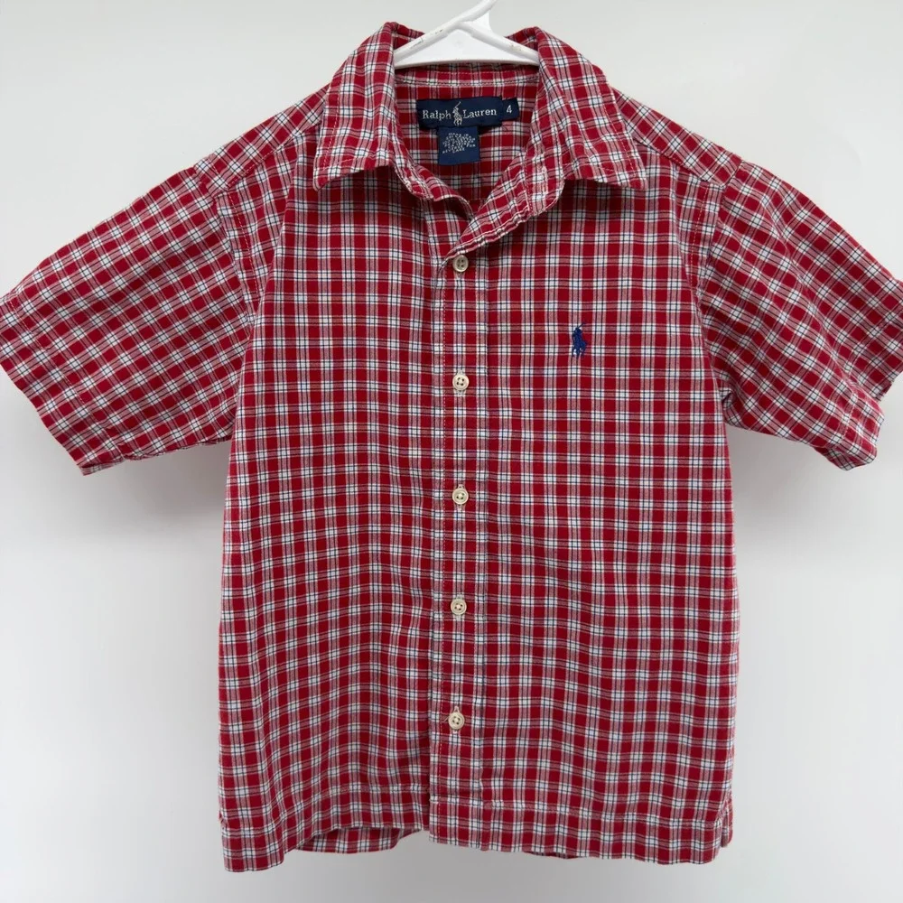 Ralph Lauren Kids Plaid Short Sleeve Button Up‎ Shirt Red White Blue Size 4
